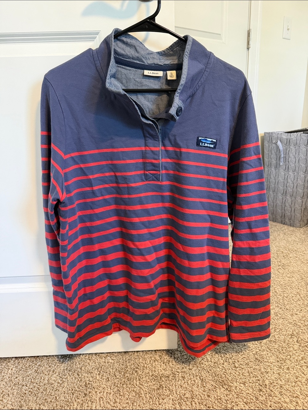 L.L. Bean Blue and Red Striped Henley Pullover